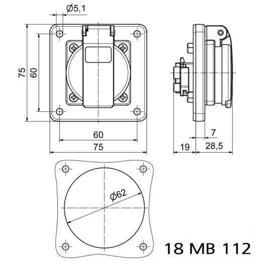 Domestic panel mounting socket outlet straight System F German standard 16A 3p 250V IP54