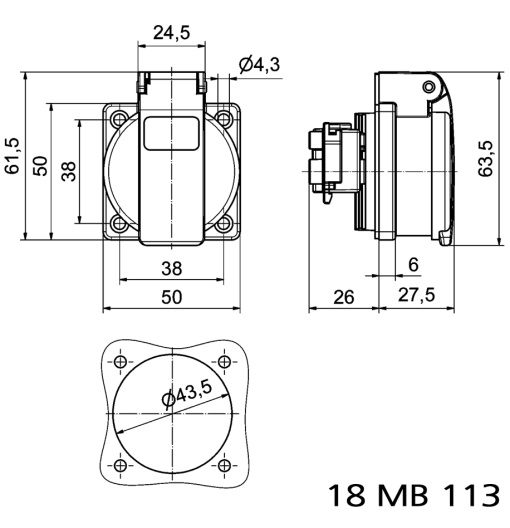 Domestic panel mounting socket outlet straight System F German standard 16A 3p 250V IP54