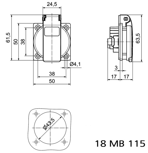 Domestic panel mounting socket System G UK standard 16A 3p 250V IP44
