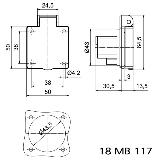 Domestic panel mounting socket System K Danish standard 16A 3p 250V IP54