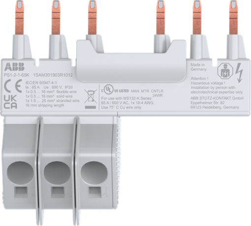 PS1-2-1-65K 3-phase busbar 2x MS132-K  1 lateral aux.contact, 65A