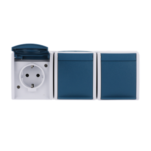 SCHUKO Triple socket with labelling field with Hinged Lid 16 A blue  - ocean