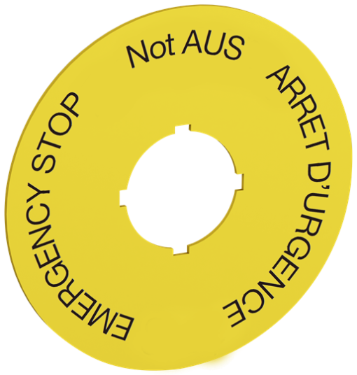 70 mm diameter legend plate for emergency stop. Black text on yellow aluminum with text Emergency stop NOT AUS ARRÊT D'URGENCE Legend Plate
