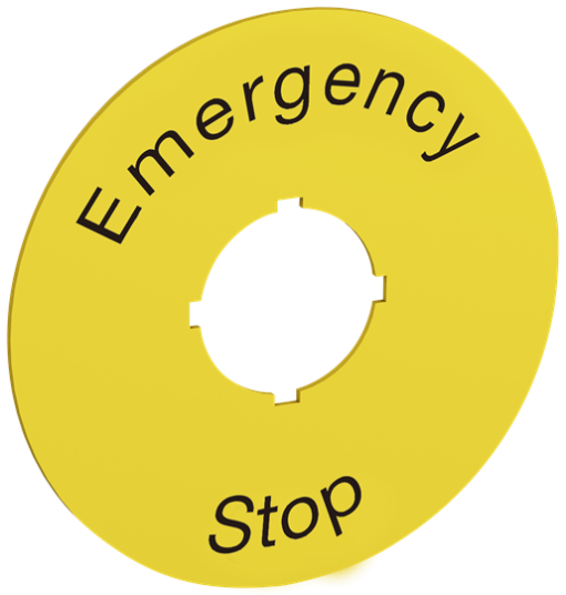 70 mm diameter legend plate for emergency stop. Black text on yellow aluminum with text Emergency stop Legend Plate