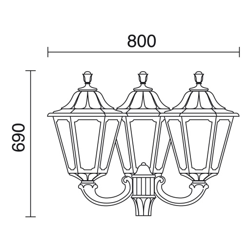 Luminária post 3 braços INDURA BIG 6 IP55 E27 3x70W 690mm Preto
