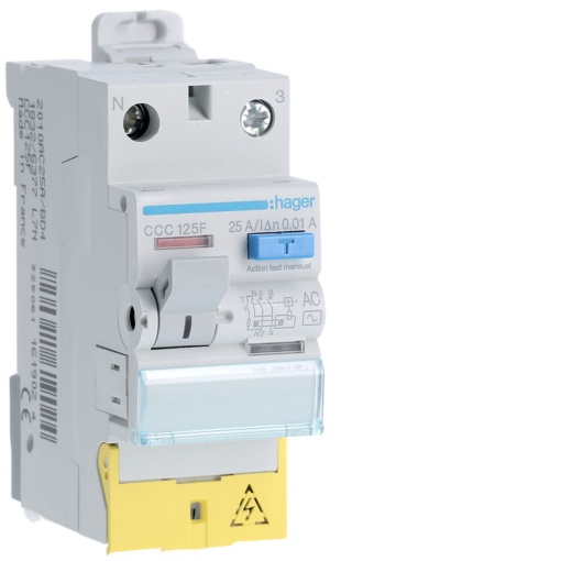 Interruptor diferencial 1PN 25A 10mA AC com bornes desalinhados