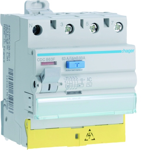 Interruptor diferencial 63A 30mA 3PN tipo AC com bornes desalinhados