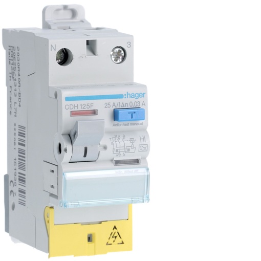 Interruptor diferencial 1PN 25A 30mA HI com bornes desalinhados