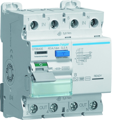 Interruptor diferencial de 4 polos, 10kA, 40A, 300mA, Tipo B