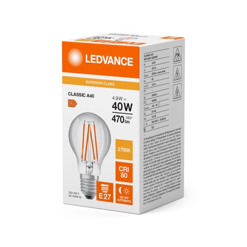 LED CLASSIC A DAYLIGHT SENSOR S 4.9W 827 Clear E27