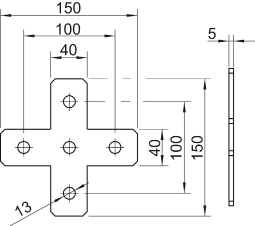 Placa de união versão em X 150x150x40x4 Aço inoxidável, livre de ferrugem A2 1.4301 brilhante, pós-tratamento