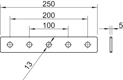 Placa de união com 5 orifícios 250x40x4 Aço inoxidável A4 1.4571 brilhante, pós-tratamento