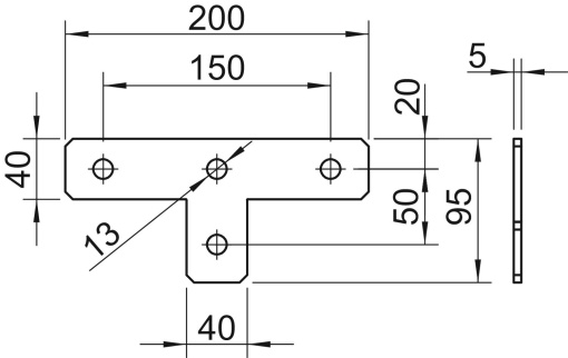 Placa de união versão em T 200x95x40x4 Aço inoxidável A4 1.4571 brilhante, pós-tratamento