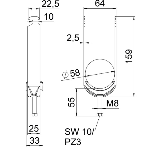 Abraçadeira BBS 2056 dupla 52-58mm Aço Galvanizado por imersão a quente após maquinação