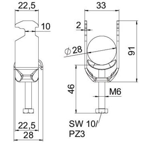 Abraçadeira BBS 2056 dupla 22-28mm Aço inoxidável, livre de ferrugem 1.4301 A2 1.4301 brilhante, pós-tratamento