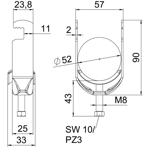 Abraçadeira BBS 2056 dupla 46-52mm Aço Galvanizado por imersão a quente após maquinação