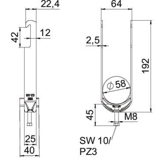 Abraçadeira BBS 2056 dupla 52-58mm Aço Galvanizado por imersão a quente após maquinação