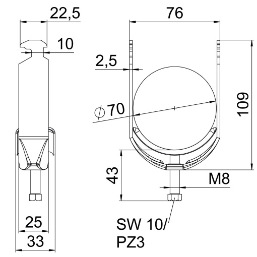 Abraçadeira BBS 2056 64-70mm Aço inoxidável 1.4571 A4 1.4571 brilhante, pós-tratamento