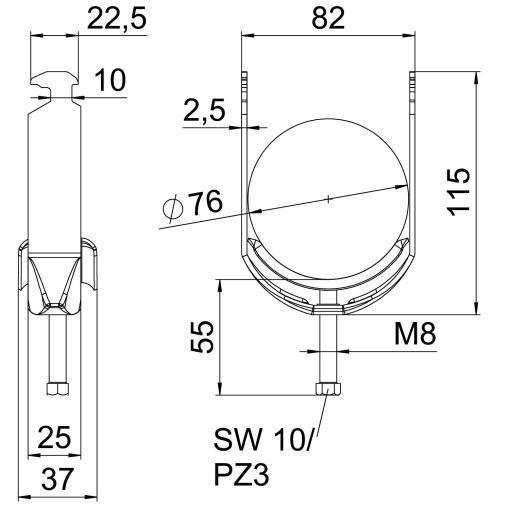 Abraçadeira BBS 2056 70-76mm Aço inoxidável 1.4571 A4 1.4571 brilhante, pós-tratamento
