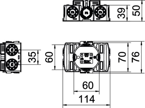 Caixa de eletrónica UP com espaço de fixação lateral Ø60xH50x114 Polipropileno preto negro