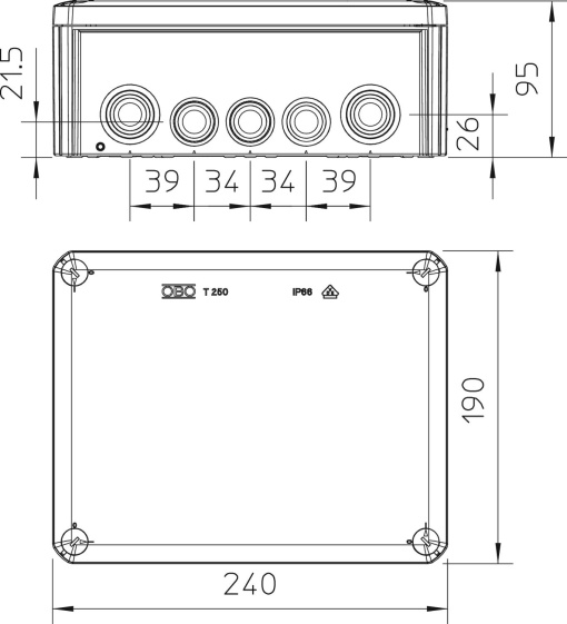 Caixa de derivação com entradas 240x190x95 Polipropileno, reforçado a fibra de vidro cinzento claro RAL 7035