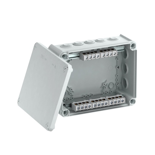 Caixa de derivação com régua bornes  entradas 240x190x95 Polipropileno, reforçado a fibra de vidro cinzento claro RAL 7035