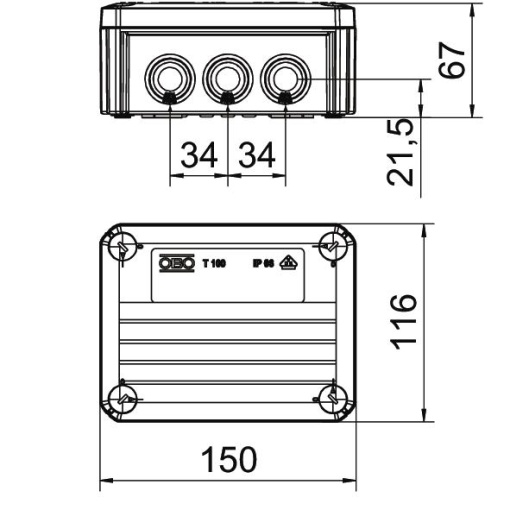 Junction box with entries 150x116x67 Polipropileno preto