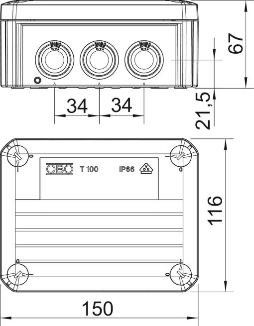 Junction box with entries 150x116x67 Polipropileno preto grafite RAL 9011