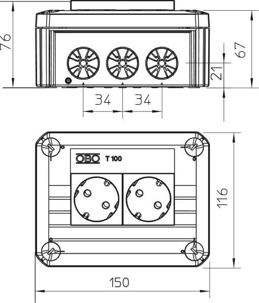 Caixa de derivação 2 Tomadas Schuko 33 BR 150x116x67 Polipropileno cinzento claro RAL 7035