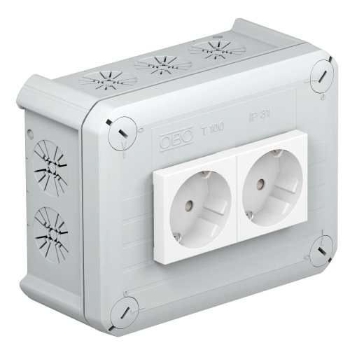 Caixa de derivação 2 Tomadas Schuko 33 BR 150x116x67 Polipropileno cinzento claro RAL 7035
