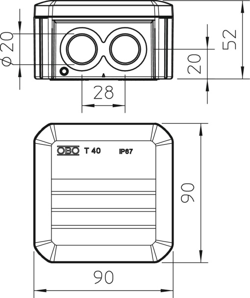 Caixa de derivação com entradas M20 90x90x52 Polipropileno cinzento claro RAL 7035