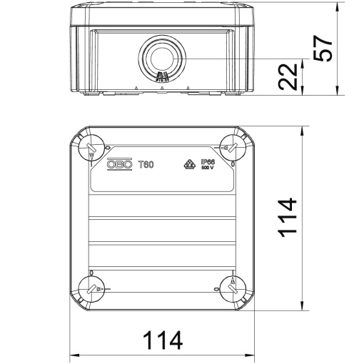 Caixa de derivação régua de bornes, massa selagem 114x114x57 Polipropileno cinzento claro RAL 7035