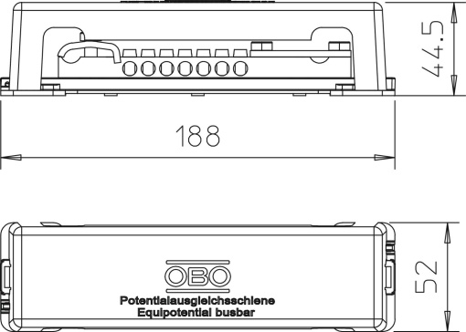 Equipotential busbar with metal foot, for outside 188mm Aço inoxidável, livre de ferrugem A2 1.4301 preto