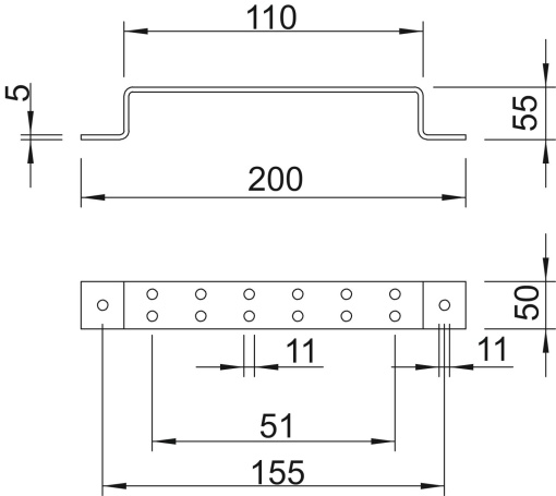 Placa de terra para 2 cabos 50x5mm Aço galvanizado por imersão a quente após maquinação