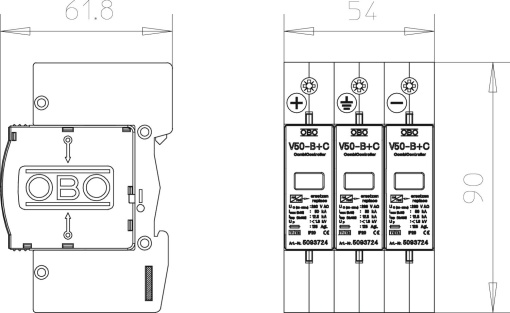 Descarregador sobretensões V20 3 polos para fotovoltaico 1000V DC