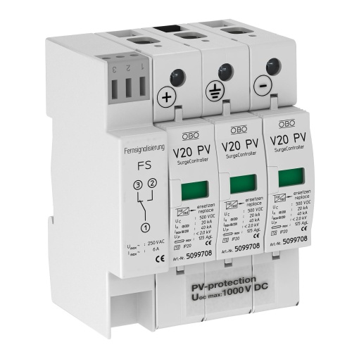 Descarregador sobretensões V20 3 polos para fotovoltaico 1000V DC