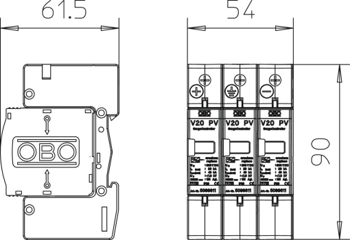Descarregador sobretensões V20 3 polos para fotovoltaico 600V DC