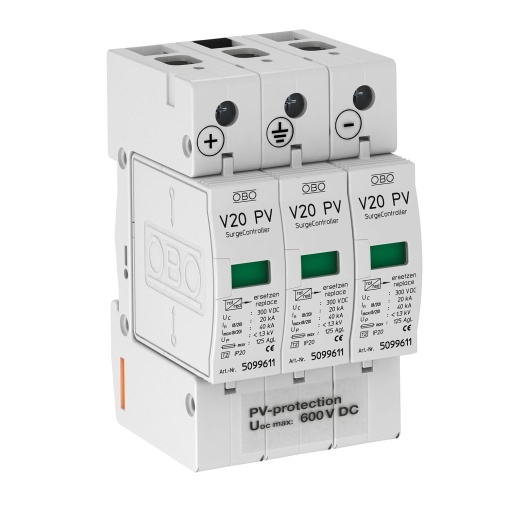 Descarregador sobretensões V20 3 polos para fotovoltaico 600V DC
