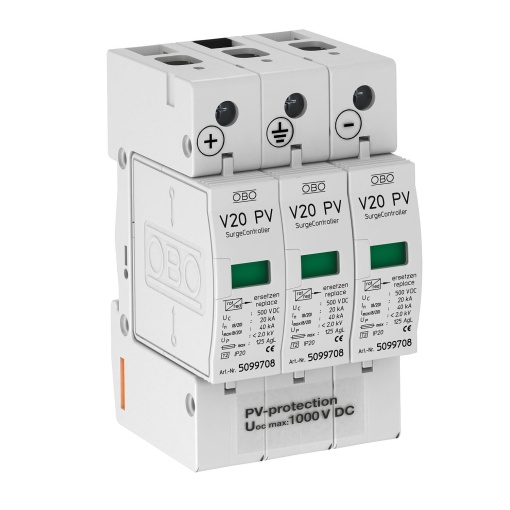 Descarregador sobretensões V20 3 polos para fotovoltaico 1000V DC