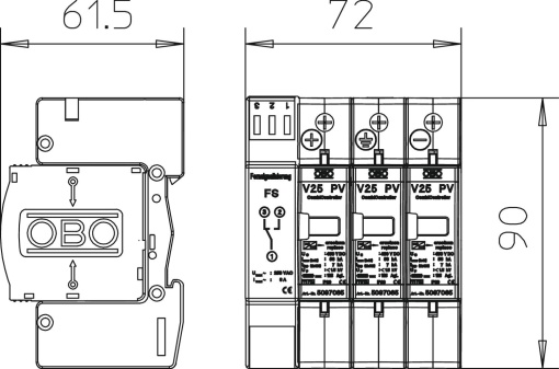 Descarregador combinado V25 3 polos para sistema FV com SD 900V DC