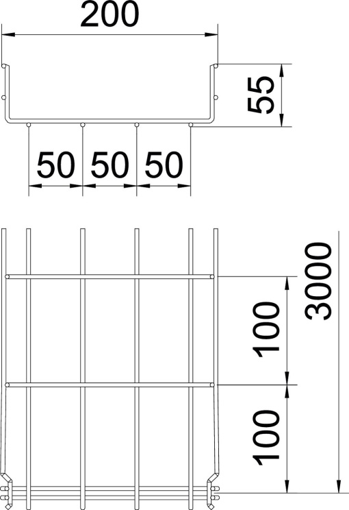 Caminho de cabos em varão GRM 55x200x3000 Aço inoxidável 1.4401 A4 1.4401 brilhante, pós-tratamento aço inoxidável