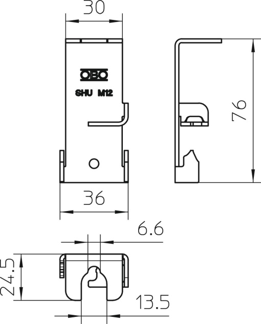 Suporte lateral universal 75x36x2 Aço inoxidável A4 1.4571 brilhante, pós-tratamento aço inoxidável