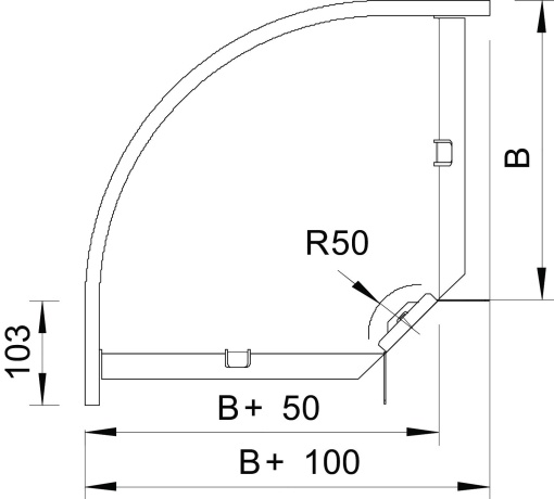 Ângulo 90 horizontal, com uniões curvas 35x150 Aço galvanizado pelo método Sendzimir