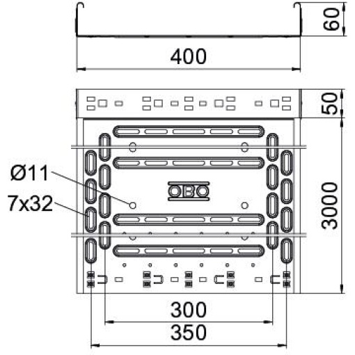 Caminho de cabos em chapa RKSM Magic, com união de encaixe 60x400x3050 Aço PES135 - Poliéster preto RAL 9005