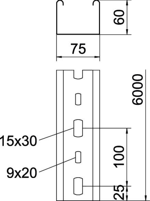 Esteira de suporte luminárias 60x75x6000 Aço galvanizado pelo método Sendzimir zinco
