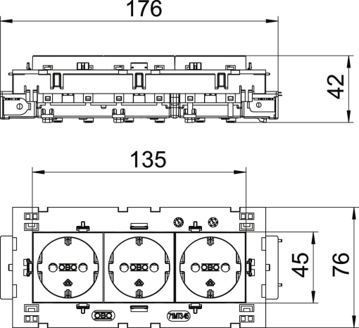 Socket 0, triple protective contact, Connect 80 250V, 1016A Policarbonato cinzento antracite RAL 7021