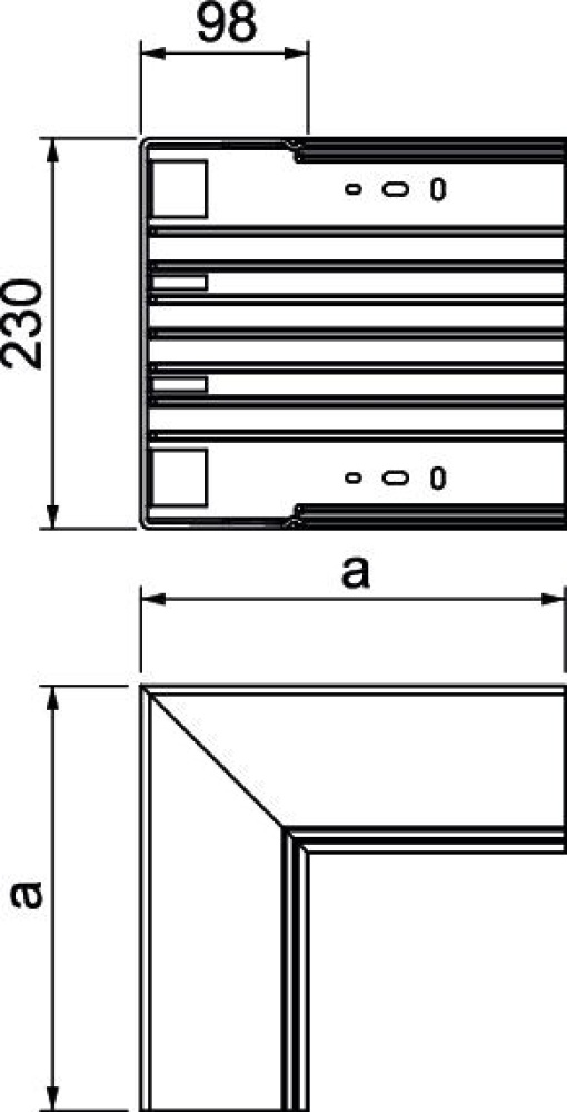 Ângulo interno 250x230x100 Policloreto de vinilo branco puro RAL 9010