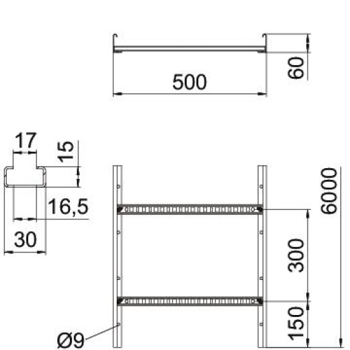 Caminho de cabos tipo escada degrau perfurado, soldado 60x500x6000 Aço inoxidável, livre de ferrugem 1.4301 A2 1.4301 brilhante, pós-tratamento aço inoxidável