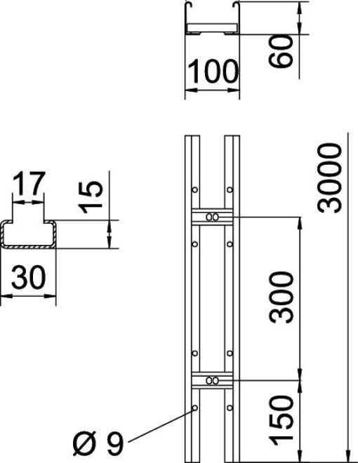 Cable ladder perforated rung, welded 60x100x3000 Aço galvanizado pelo método Sendzimir