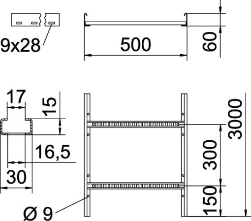 Cable ladder perforated rung, welded 60x500x3000 Aço galvanizado pelo método Sendzimir
